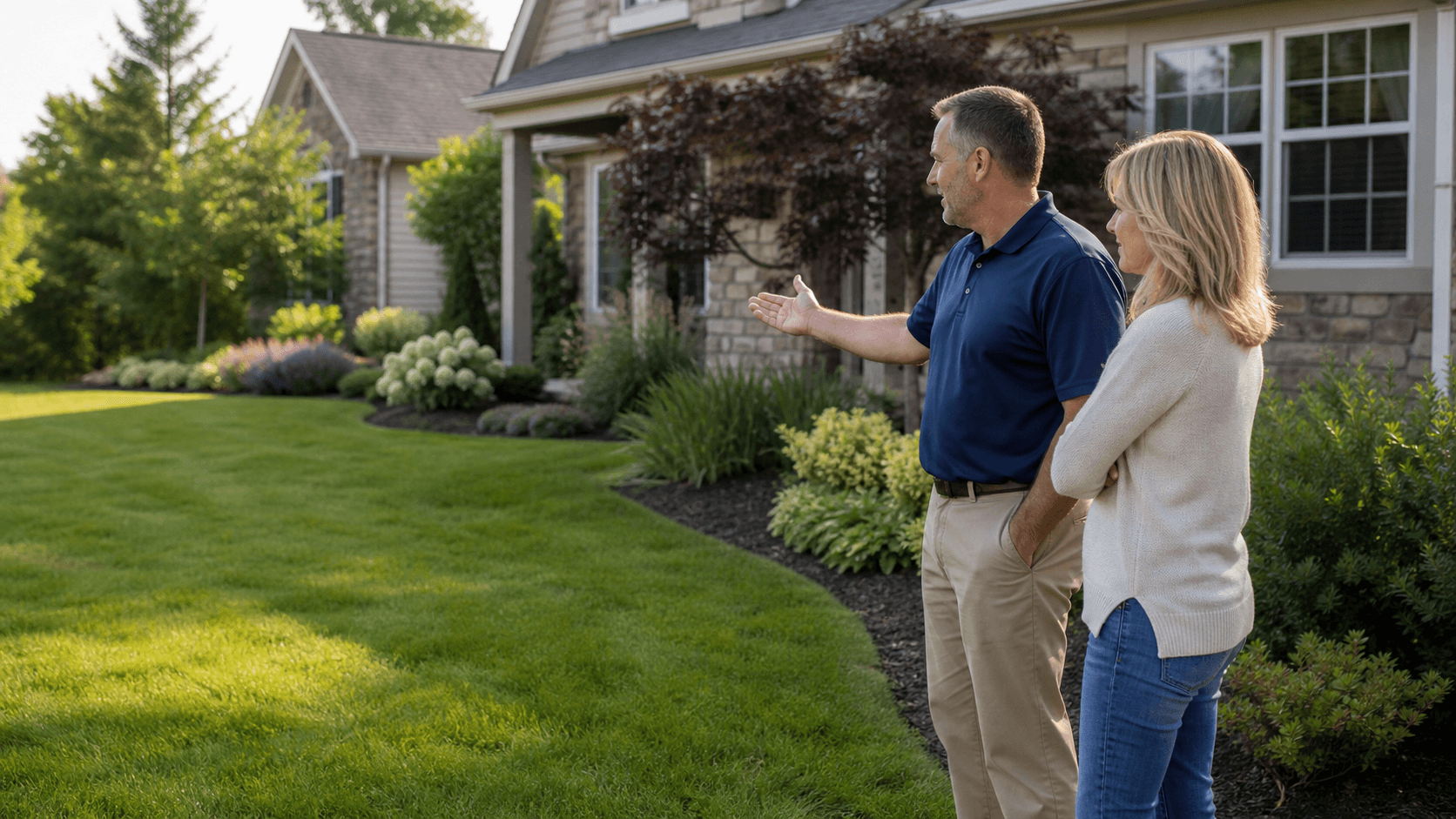 Alpha Irrigations team member discussing a lawn with a homeowner