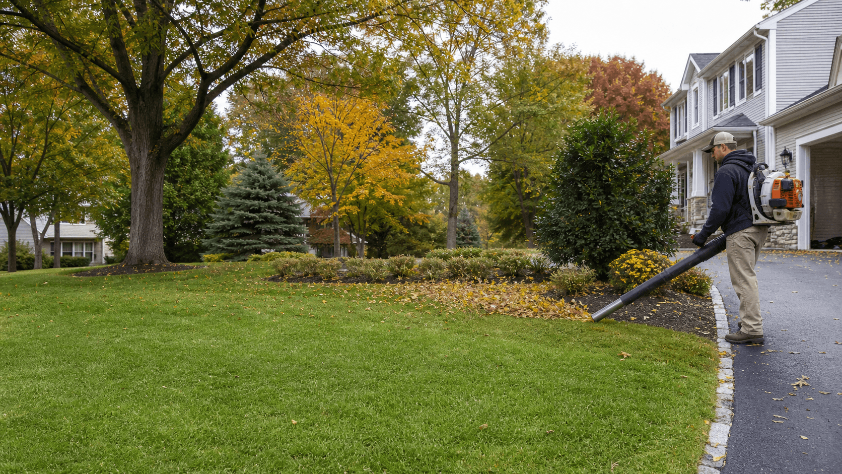 Professional fall landscape cleanup at a residential home