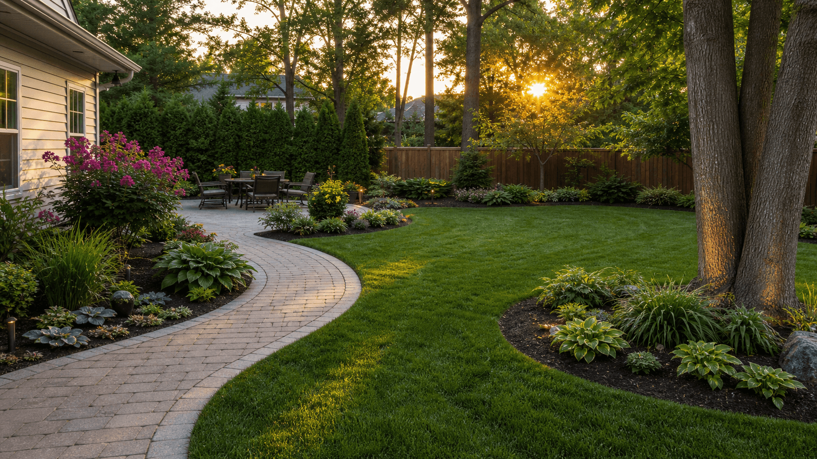 Backyard patio and maintained residential landscape