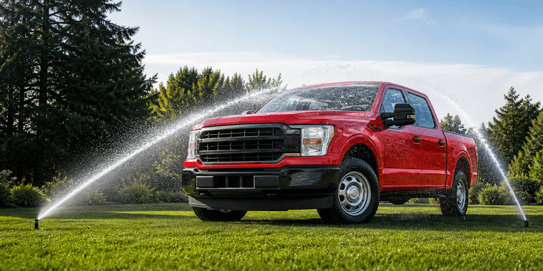 Red work truck on a lawn with sprinklers spraying from both sides